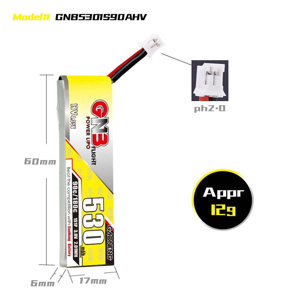 GNB GAONENG LiHV 1S 3.8V 530mAh 90C PH2.0 Cabled