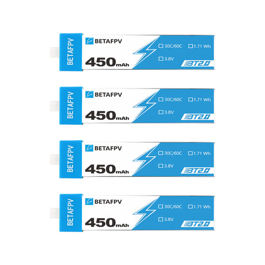 Four BetaFPV batteries with 450mAh capacity on a white background