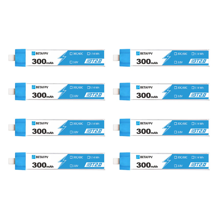 Multiple BetaFPV battery packs with 300mAh capacity on a white background