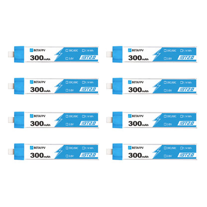 Multiple BetaFPV battery packs with 300mAh capacity on a white background