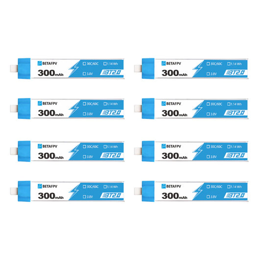 Multiple BetaFPV battery packs with 300mAh capacity on a white background