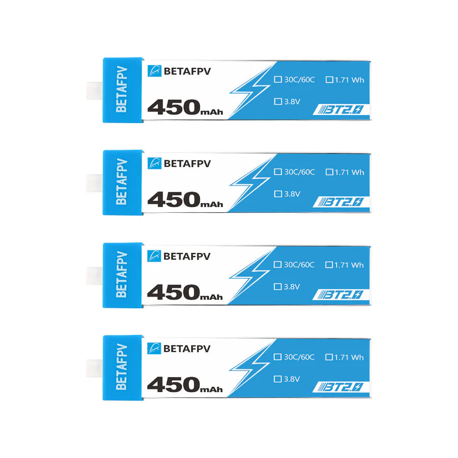 Four BetaFPV batteries with 450mAh capacity on a white background