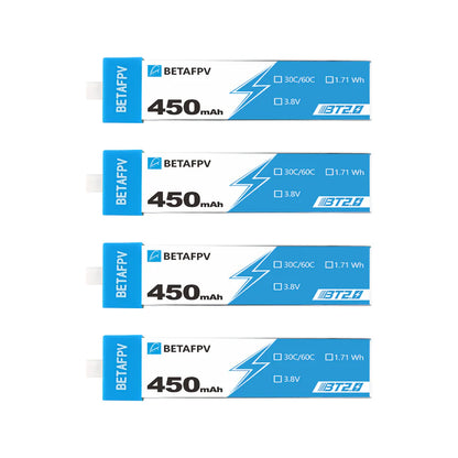Four BetaFPV batteries with 450mAh capacity on a white background