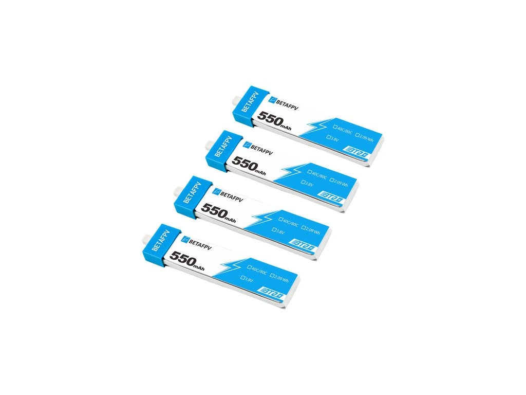 Four blue and white batteries with BetaFPV branding on a white background