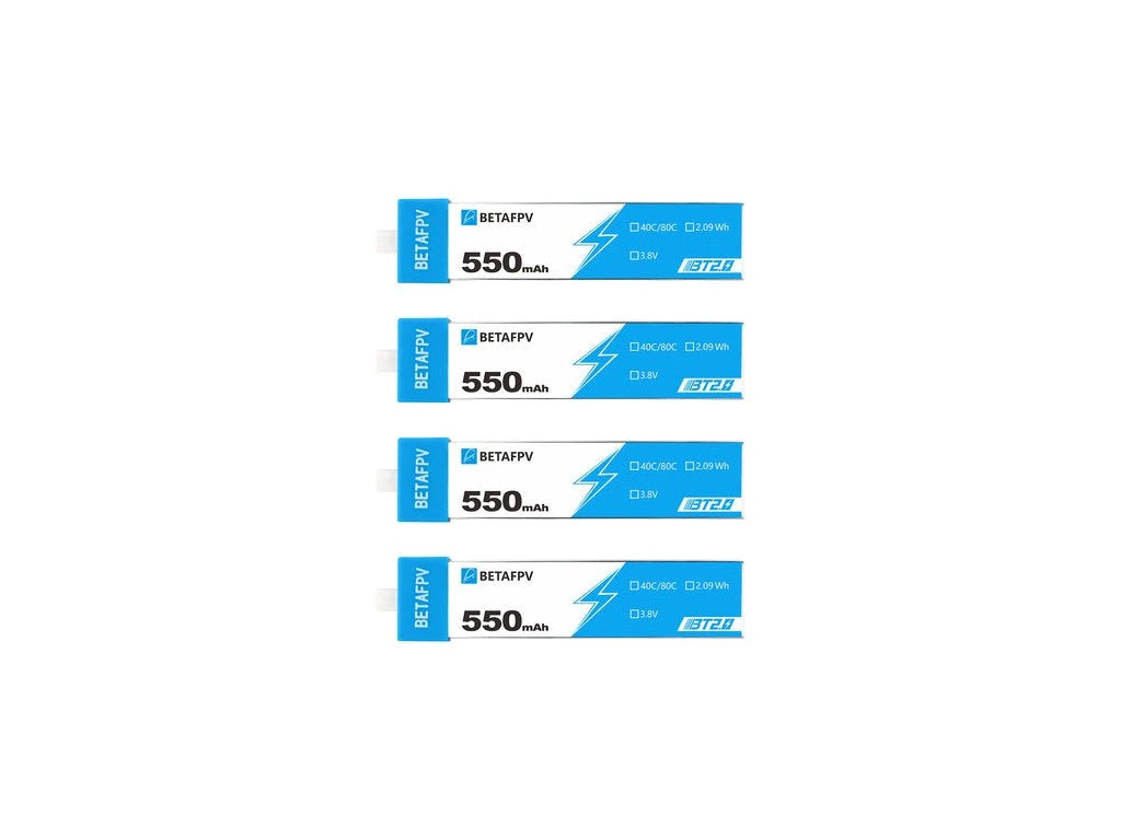 Four 1S battery packs with 'BetaFPV' branding on a white background