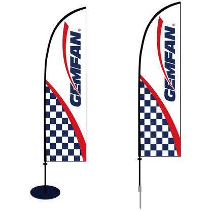 Two promotional flags with a checkered design and 'GEMFAN' branding on a white background.